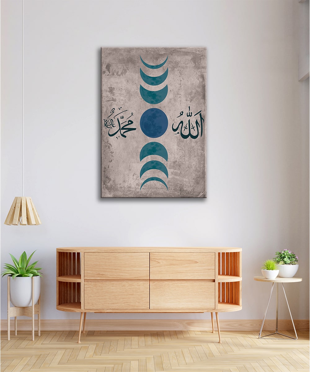 Allah ve Muhammed Lafsı - Ayın Evreleri Çerçevesiz Cam Tablo