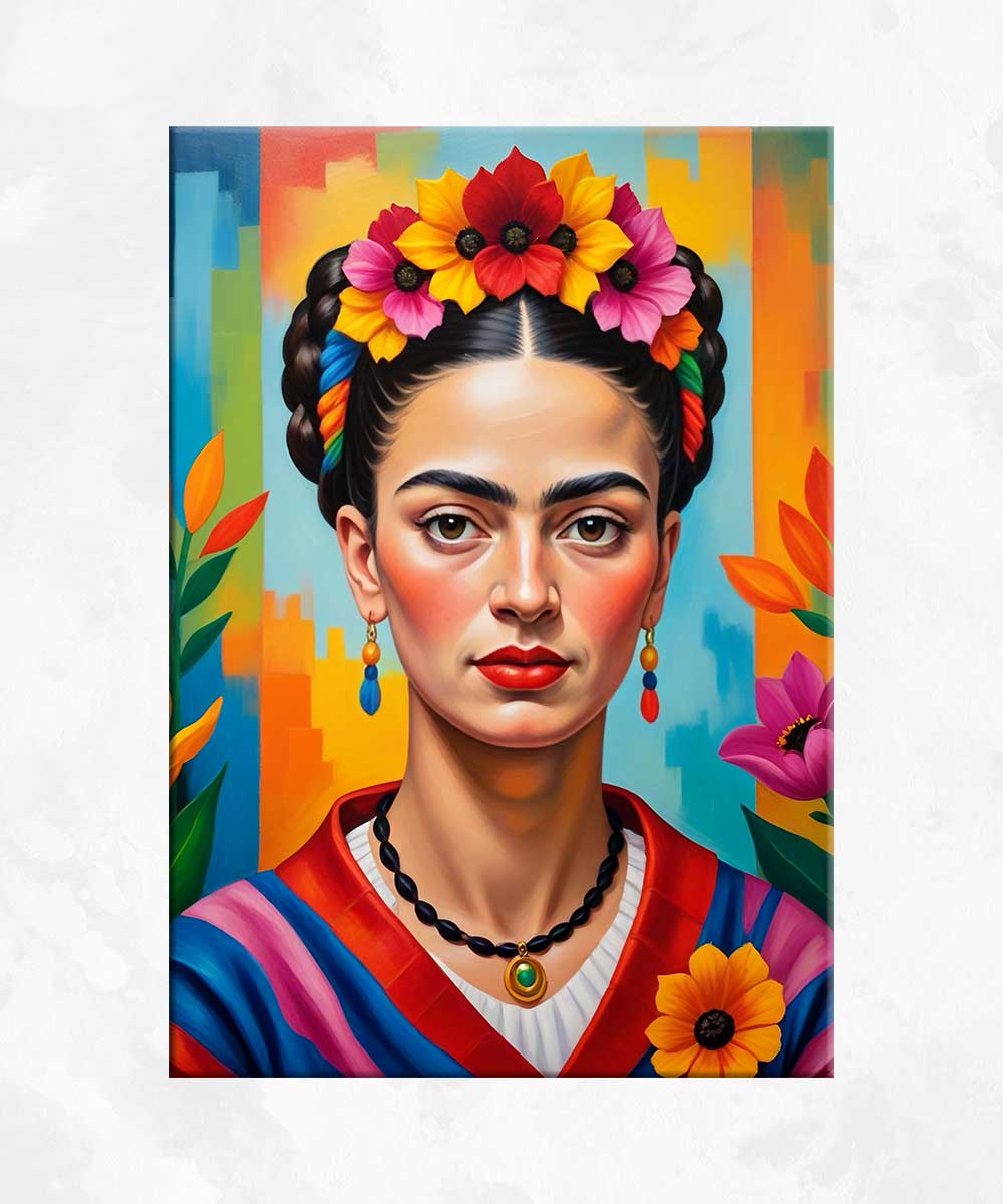 Renkli Modern Portre Kanvas Tablo – Çiçek Taçlı Frida Kahlo Figürü