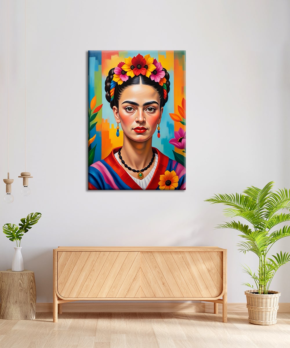 Renkli Modern Portre Kanvas Tablo – Çiçek Taçlı Frida Kahlo Figürü