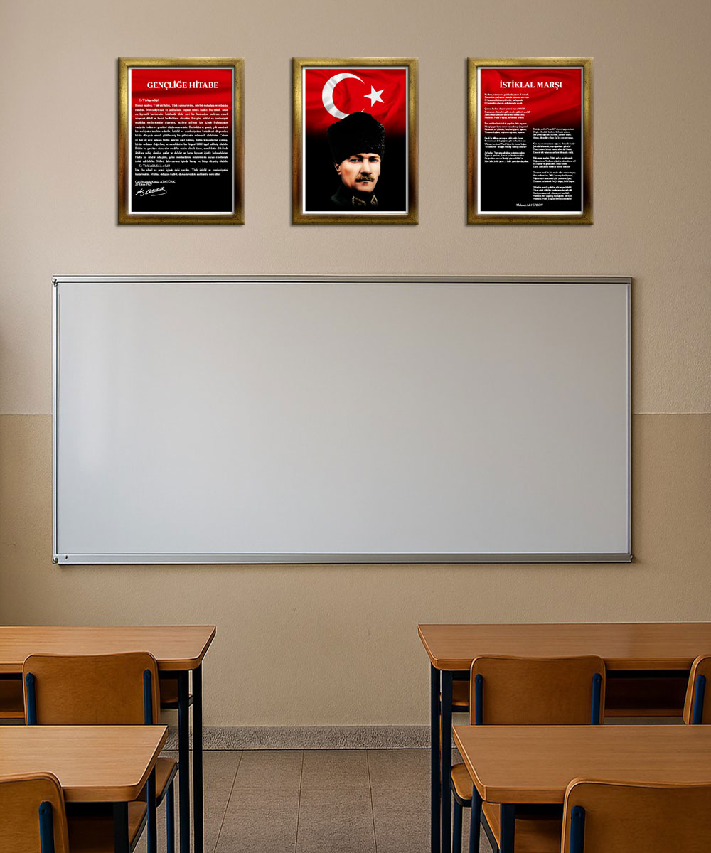 A005 Gençliğe Hitabe-Atatürk-İstiklal Marşı Altın Rengi Çerçeve 3'lü Okul Seti