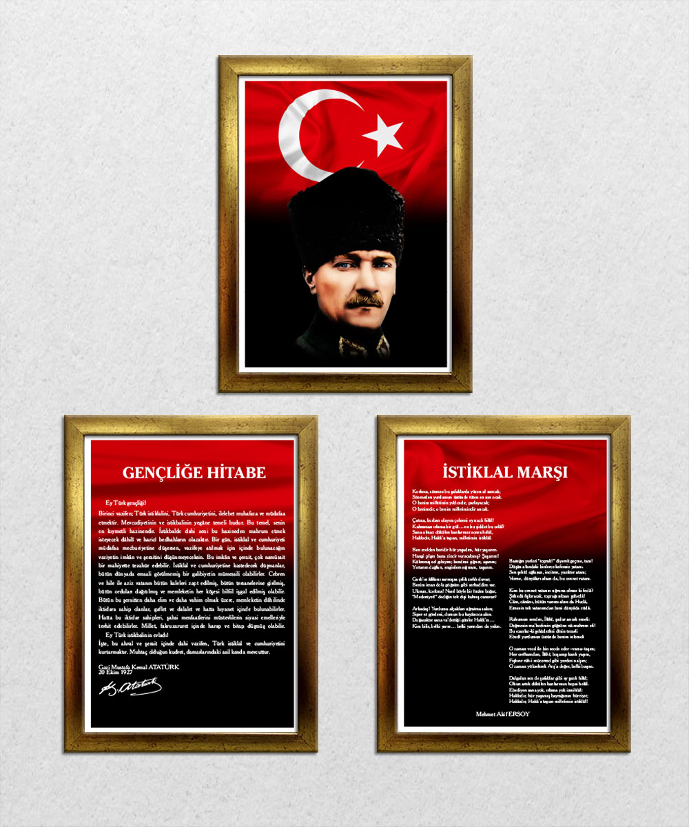 A005 Gençliğe Hitabe-Atatürk-İstiklal Marşı Altın Rengi Çerçeve 3'lü Okul Seti