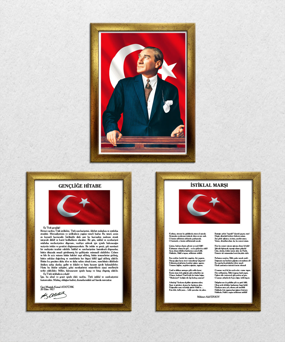 A004 Gençliğe Hitabe-Atatürk-İstiklal Marşı Altın Rengi Çerçeve 3'lü Okul Seti