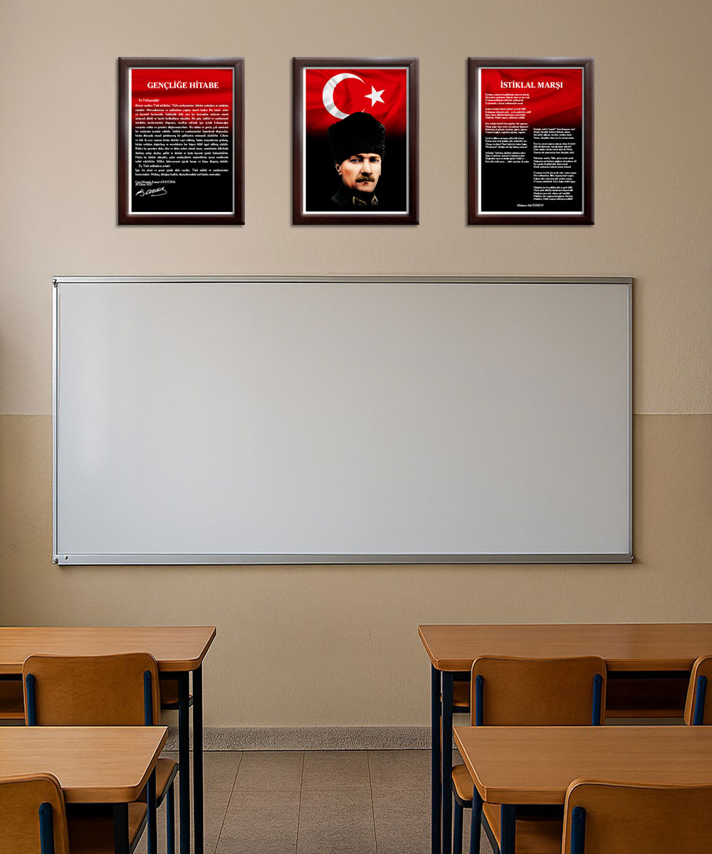 A005 Gençliğe Hitabe-Atatürk-İstiklal Marşı Ceviz Rengi Çerçeve 3'lü Okul Seti