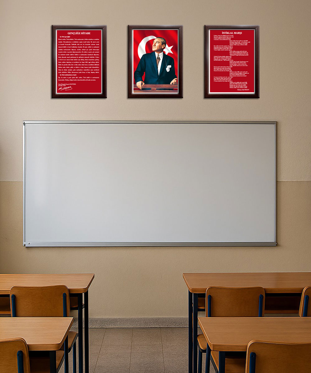 A003 Gençliğe Hitabe-Atatürk-İstiklal Marşı Ceviz Rengi Çerçeve 3'lü Okul Seti