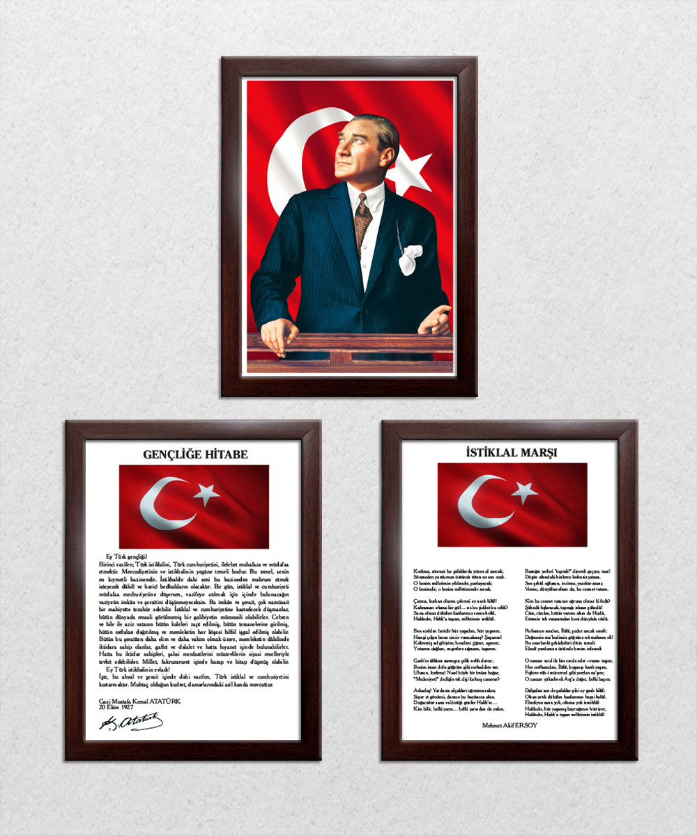 A004 Gençliğe Hitabe-Atatürk-İstiklal Marşı Ceviz Rengi Çerçeve 3'lü Okul Seti