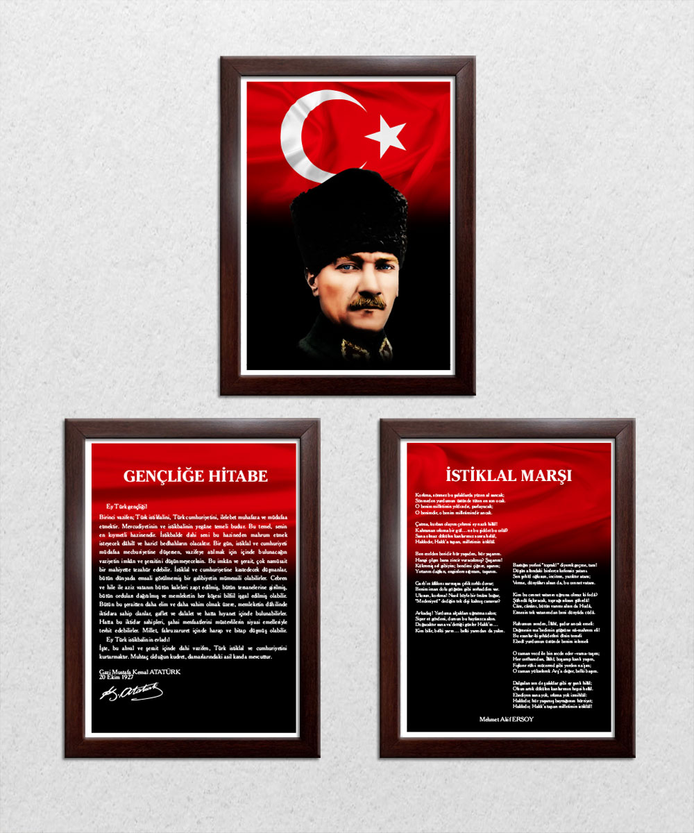 A005 Gençliğe Hitabe-Atatürk-İstiklal Marşı Ceviz Rengi Çerçeve 3'lü Okul Seti