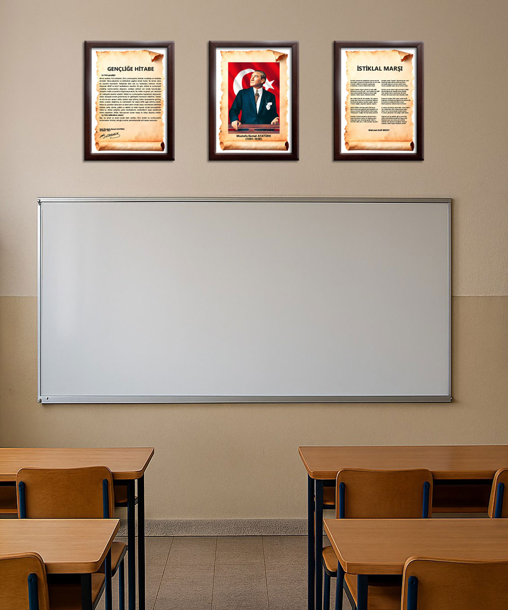 A006 Gençliğe Hitabe-Atatürk-İstiklal Marşı Ceviz Rengi Çerçeve 3'lü Okul Seti