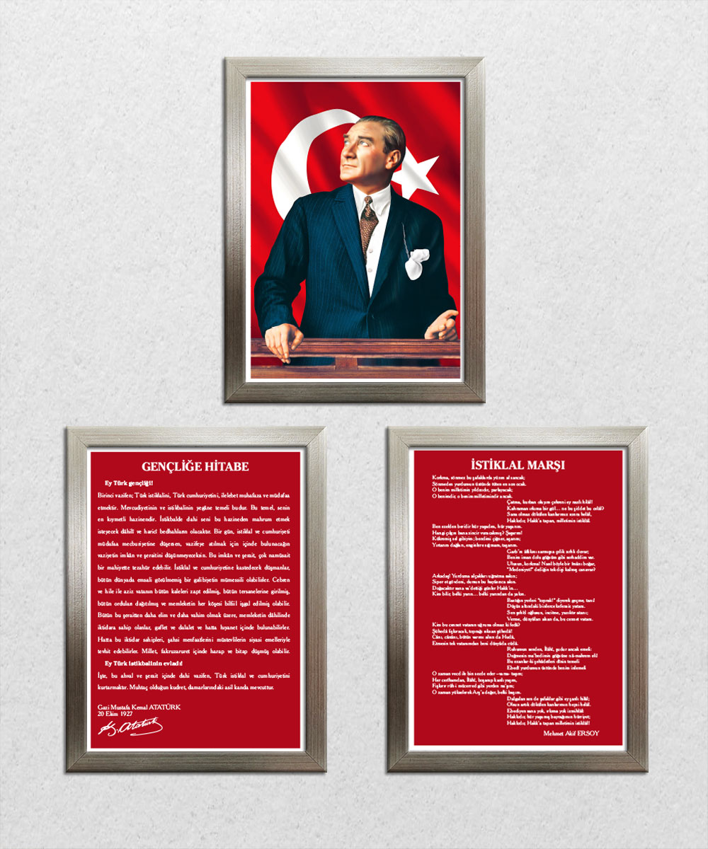 A003 Gençliğe Hitabe-Atatürk-İstiklal Marşı Platin Rengi Çerçeve 3'lü Okul Seti