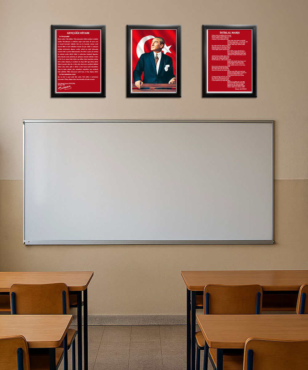 A003 Gençliğe Hitabe-Atatürk-İstiklal Marşı Siyah Rengi Çerçeve 3'lü Okul Seti