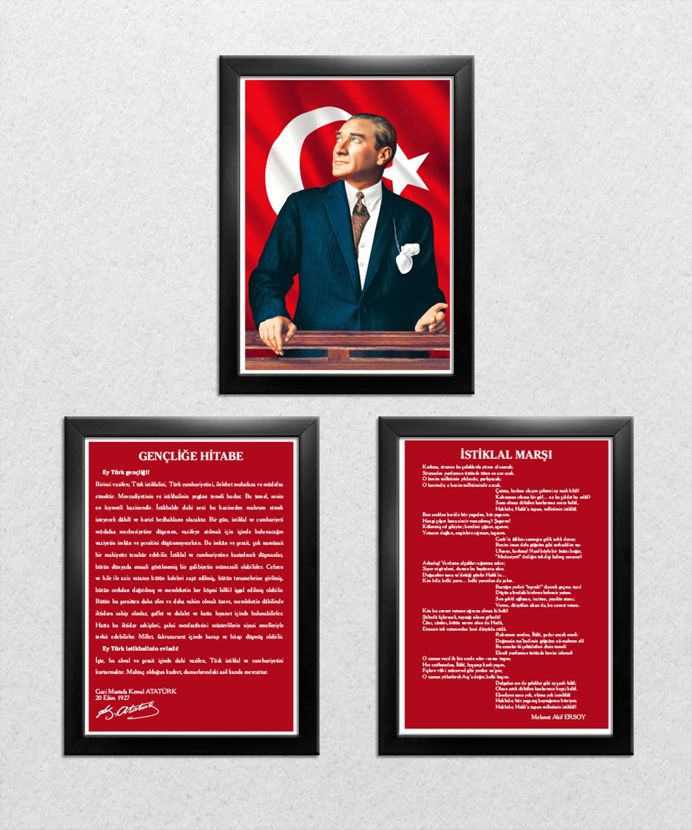 A003 Gençliğe Hitabe-Atatürk-İstiklal Marşı Siyah Rengi Çerçeve 3'lü Okul Seti