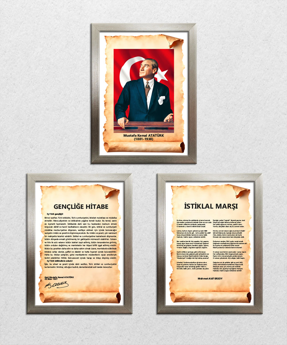 A006 Gençliğe Hitabe-Atatürk-İstiklal Marşı Platin Platin Çerçeve 3'lü Okul Seti