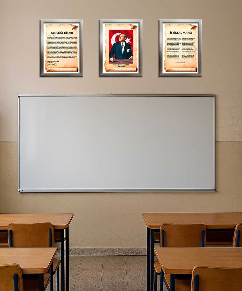 A006 Gençliğe Hitabe-Atatürk-İstiklal Marşı Platin Platin Çerçeve 3'lü Okul Seti