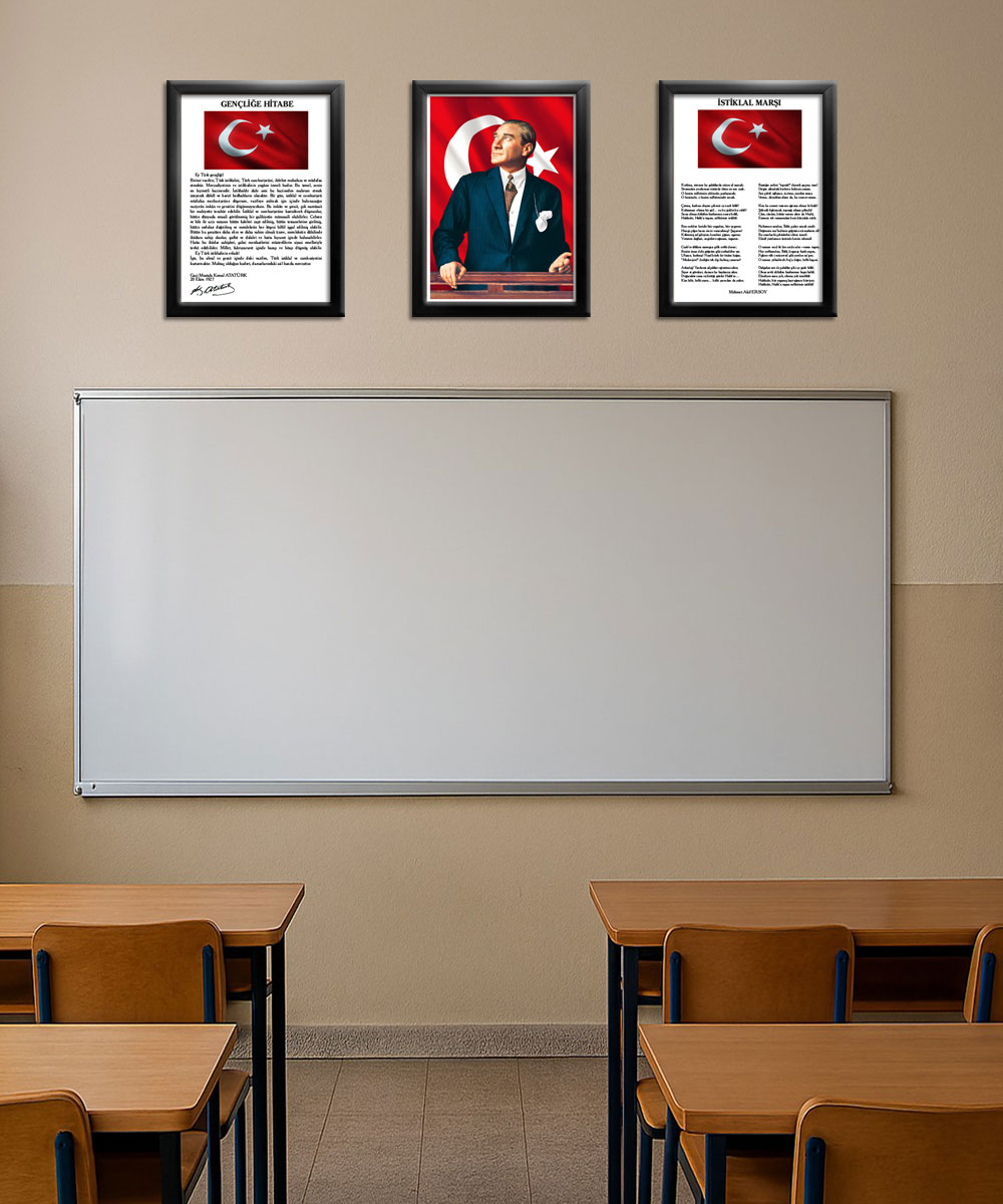A004 Gençliğe Hitabe-Atatürk-İstiklal Marşı Siyah Rengi Çerçeve 3'lü Okul Seti