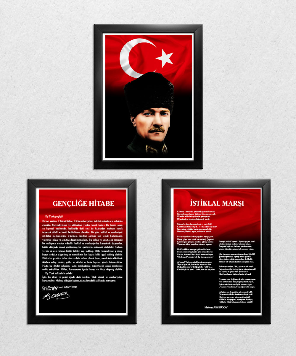 A005 Gençliğe Hitabe-Atatürk-İstiklal Marşı Siyah Rengi Çerçeve 3'lü Okul Seti