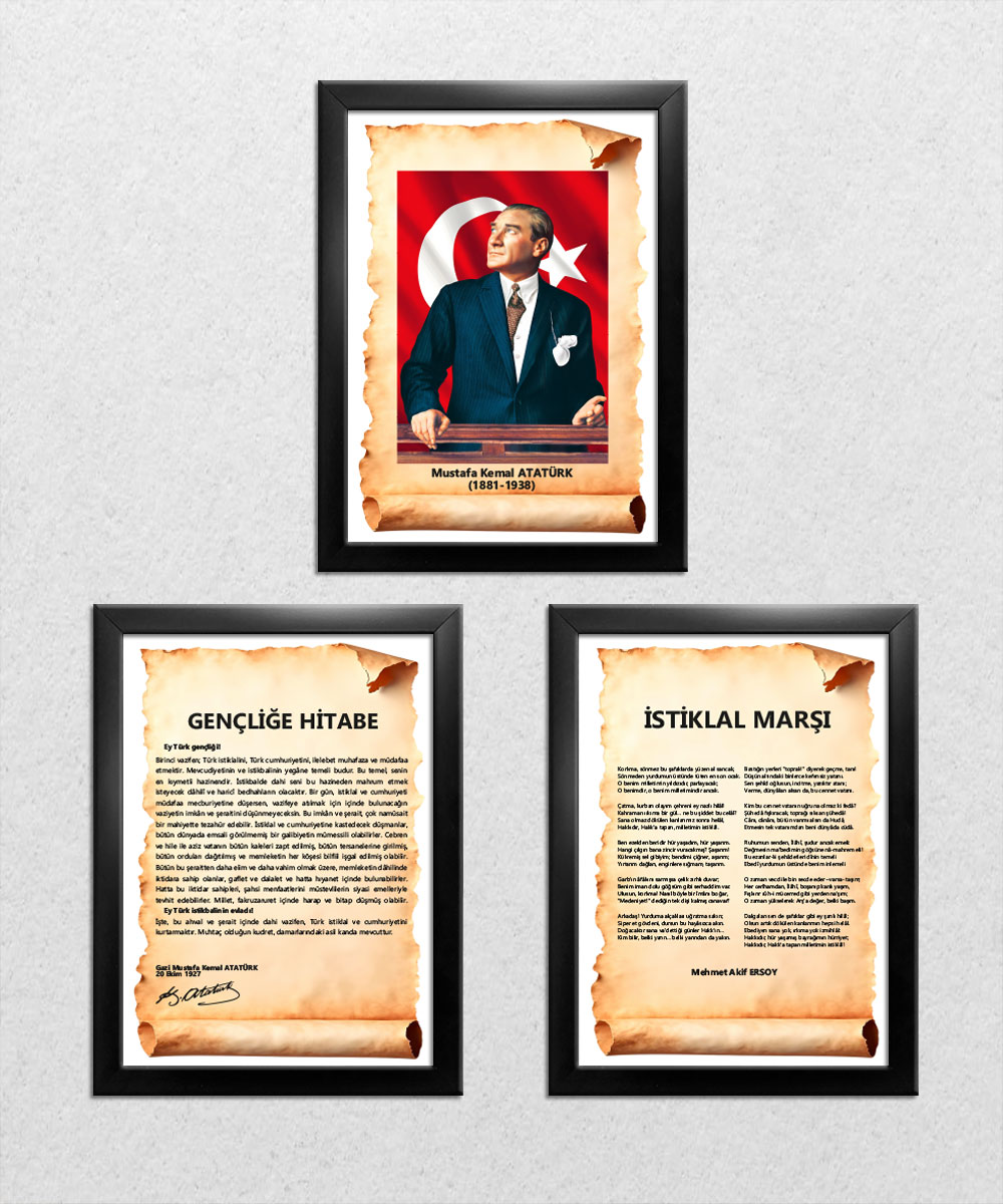 A006 Gençliğe Hitabe-Atatürk-İstiklal Marşı Siyah Rengi Çerçeve 3'lü Okul Seti