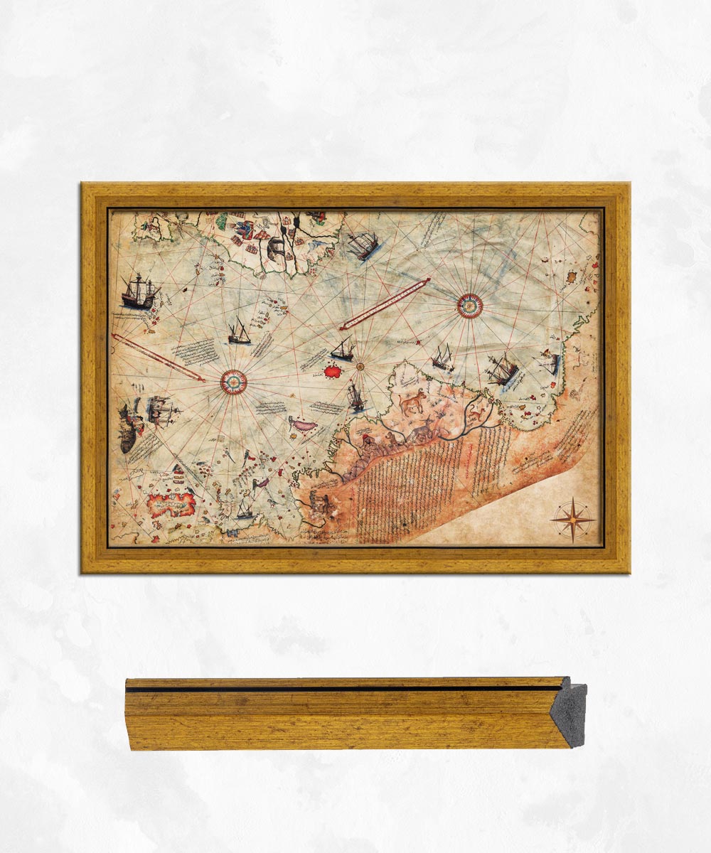 Piri Reis Haritası – Altın Rengi Çerçeveli MDF Sanatsal Tablo