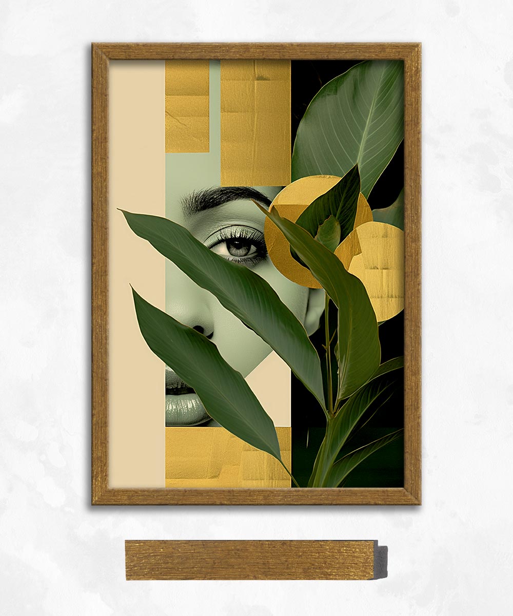 Altın Yaprak Formlu Çerçeveli Cam Tablo – UV Baskı Sanat Eseri