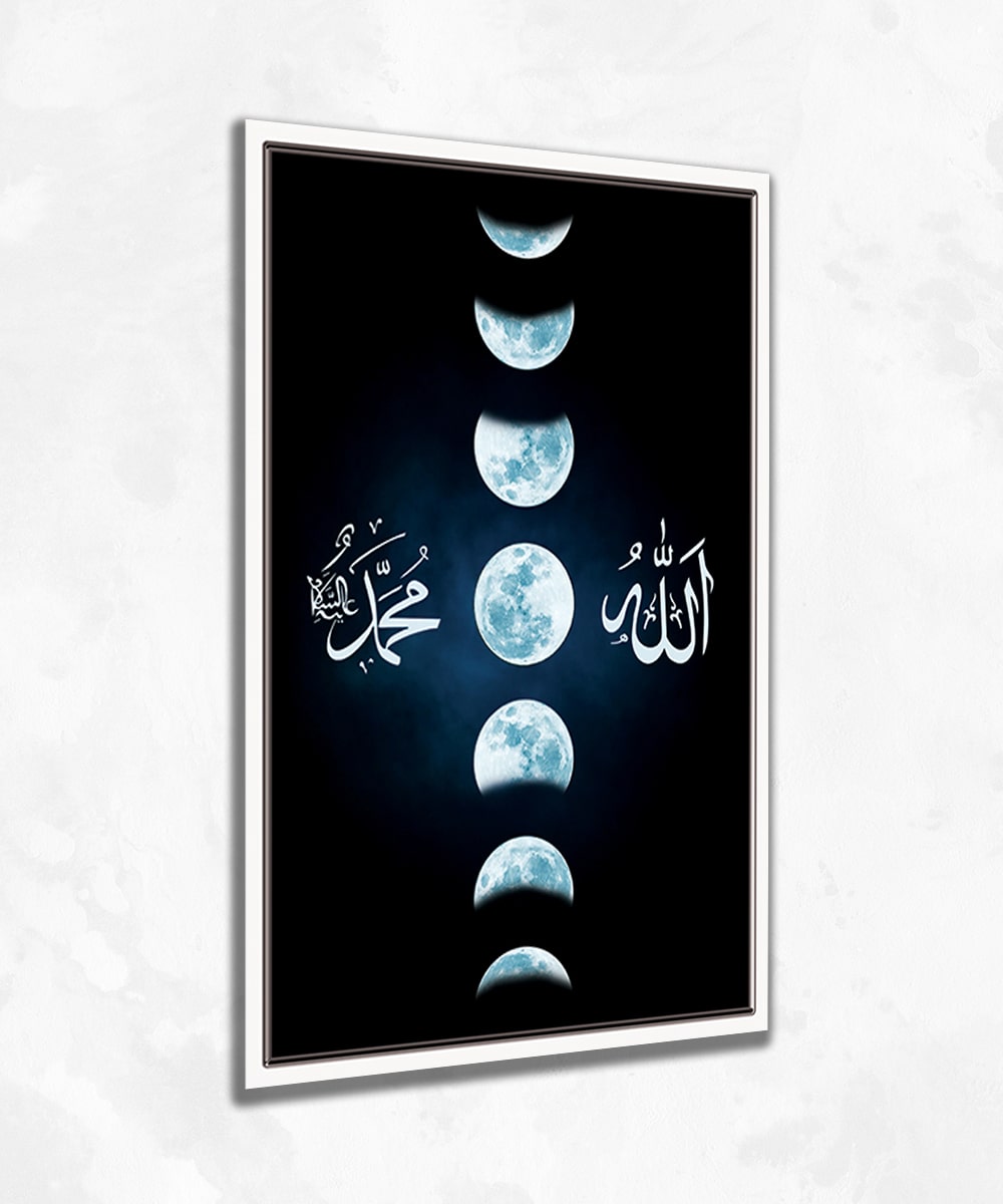 Allah ve Muhammed Lafsı - Ayın Evreleri Siyah Fon Çerçevesiz Cam Tablo
