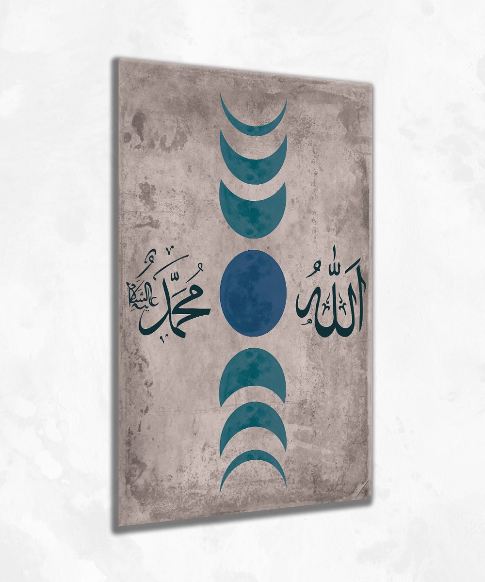 Allah ve Muhammed Lafsı - Ayın Evreleri Çerçevesiz Cam Tablo