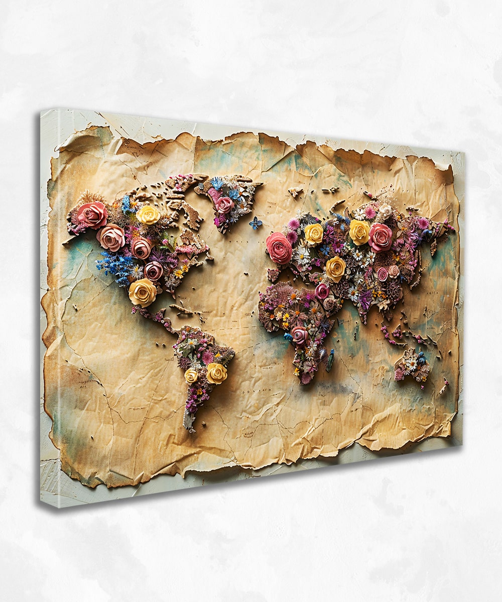 Floral World Map Kanvas Tablo – Vintage Esintili Çiçekli Dünya Haritası