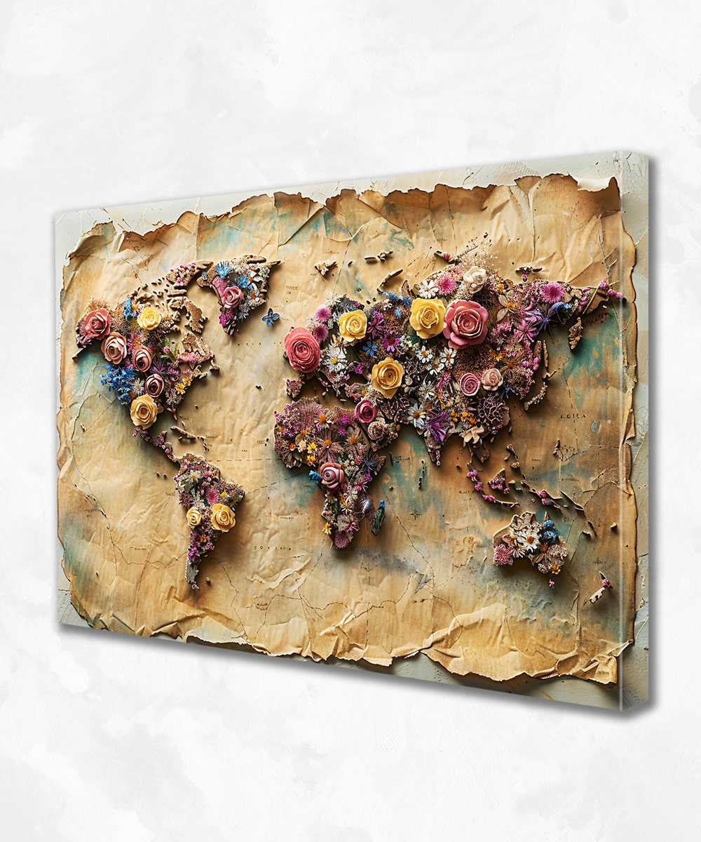 Floral World Map Kanvas Tablo – Vintage Esintili Çiçekli Dünya Haritası