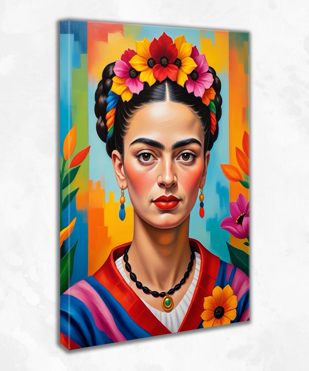 Renkli Modern Portre Kanvas Tablo – Çiçek Taçlı Frida Kahlo Figürü
