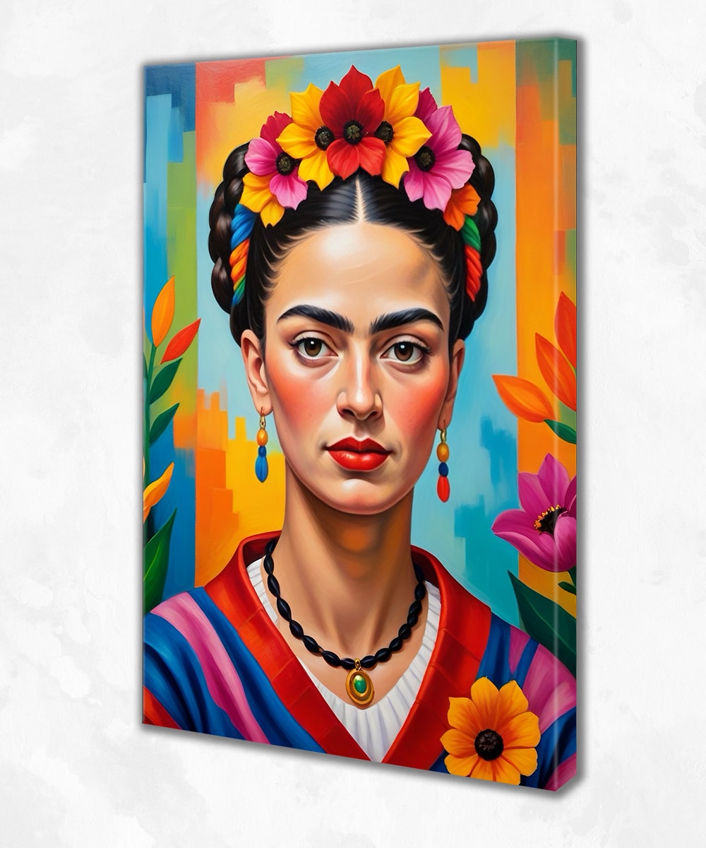 Renkli Modern Portre Kanvas Tablo – Çiçek Taçlı Frida Kahlo Figürü