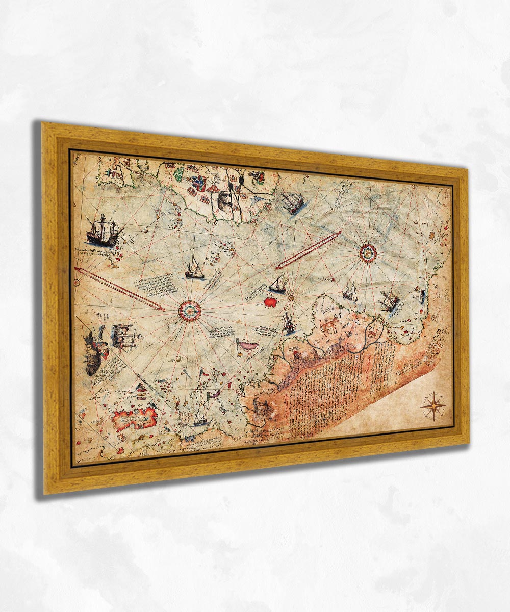 Piri Reis Haritası – Altın Rengi Çerçeveli MDF Sanatsal Tablo