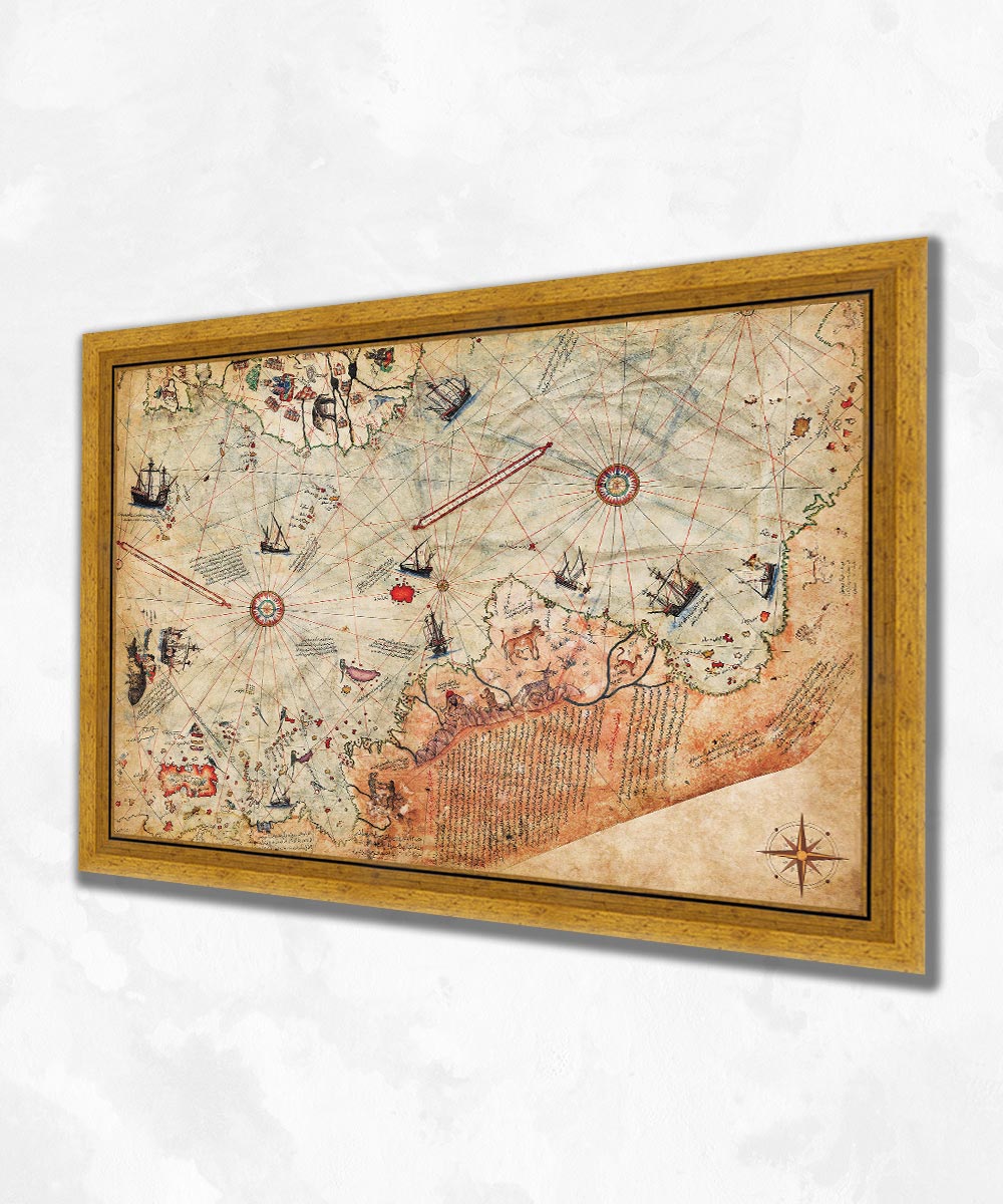 Piri Reis Haritası – Altın Rengi Çerçeveli MDF Sanatsal Tablo