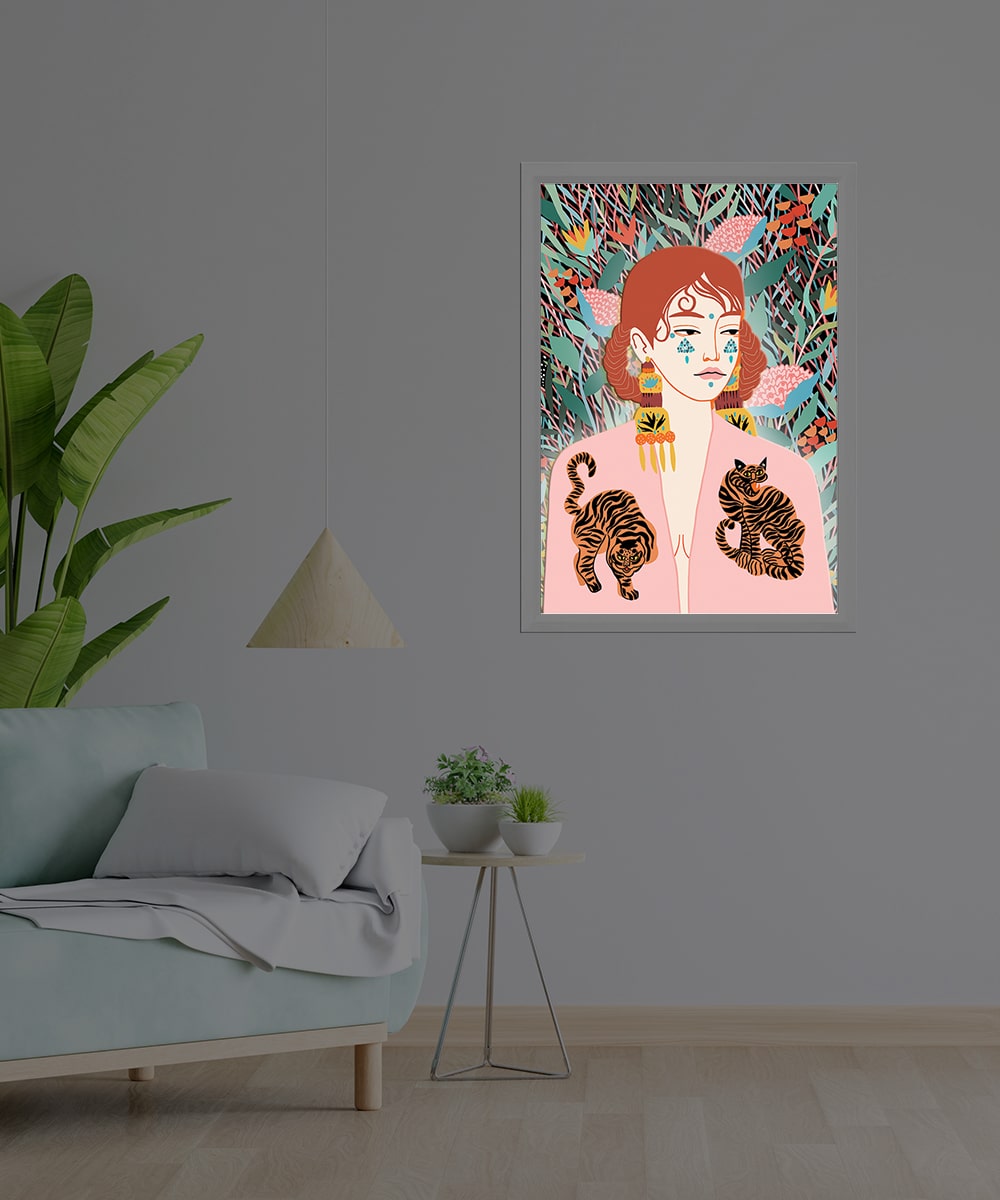 İki Katlı Işıklı Ahşap Tablo – Kadın ve Kaplanlar